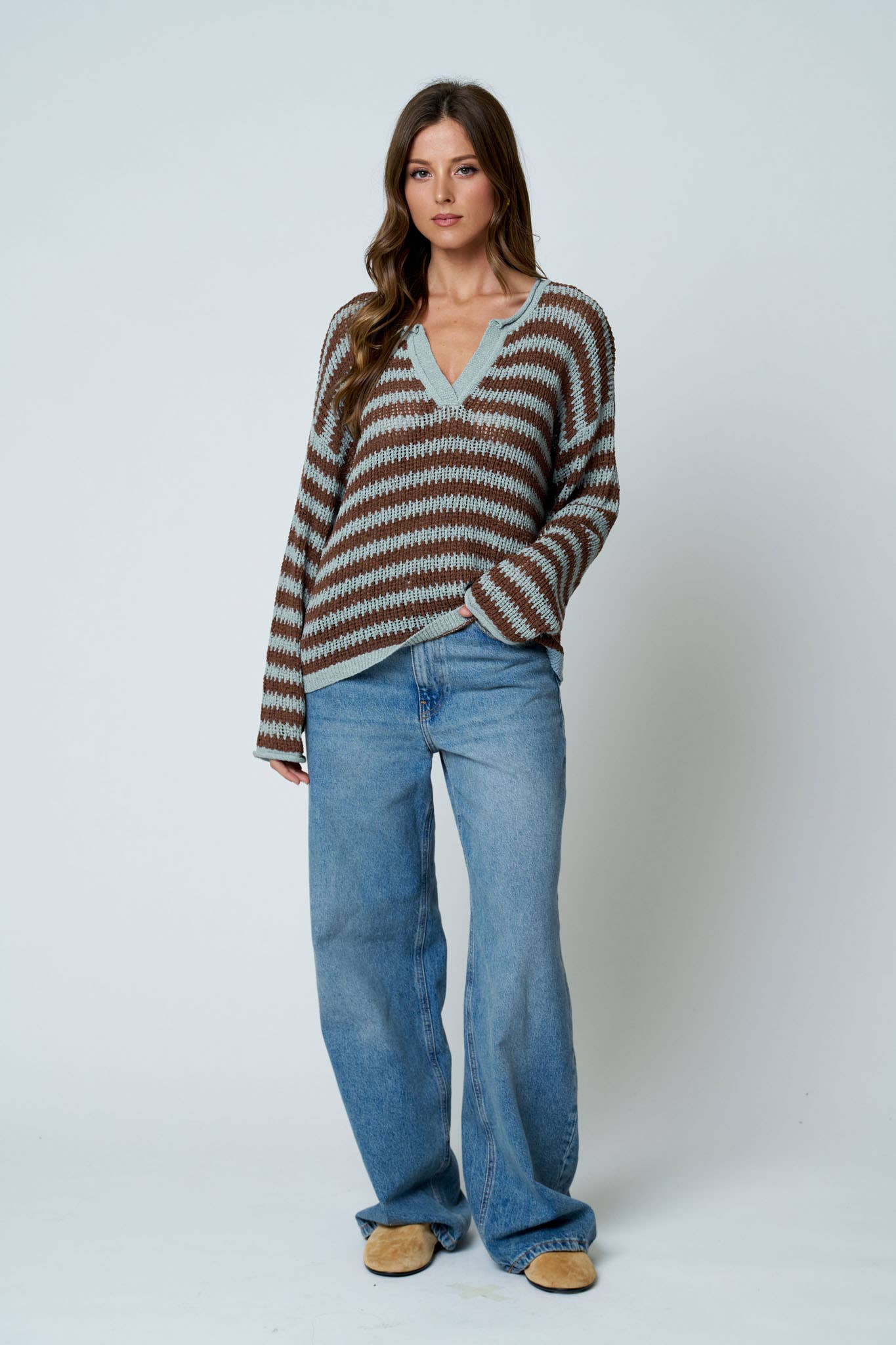 Split Neck Raw Edge Sweater in Blue (REG)