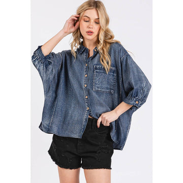 Tencel Dolman Button Top in Dk Denim (REG)