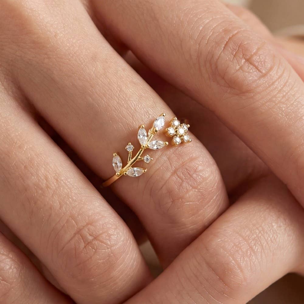 Delicate Rhinestone Leaf Ring