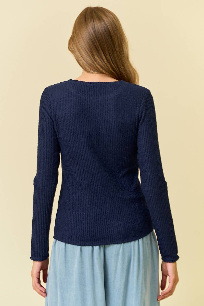Lace Trim Textured Top in Navy (REG)