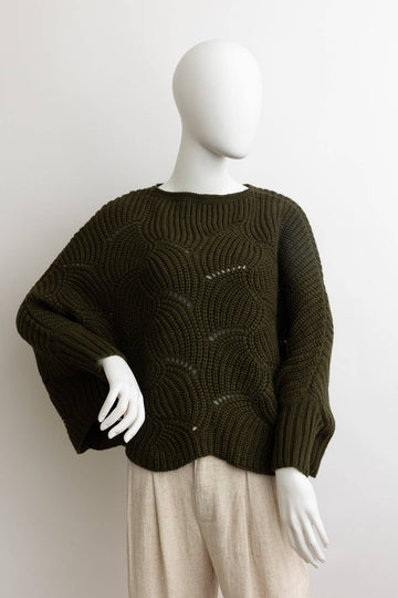 Knit Pattern Poncho Top in Olive (REG)