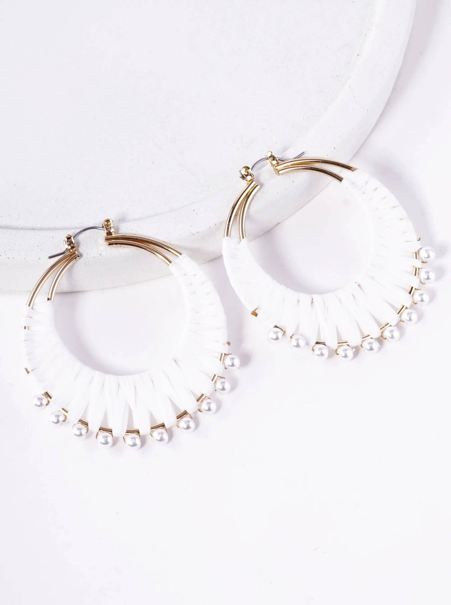 Pearl Beaded Raffia Hoop Earrings
