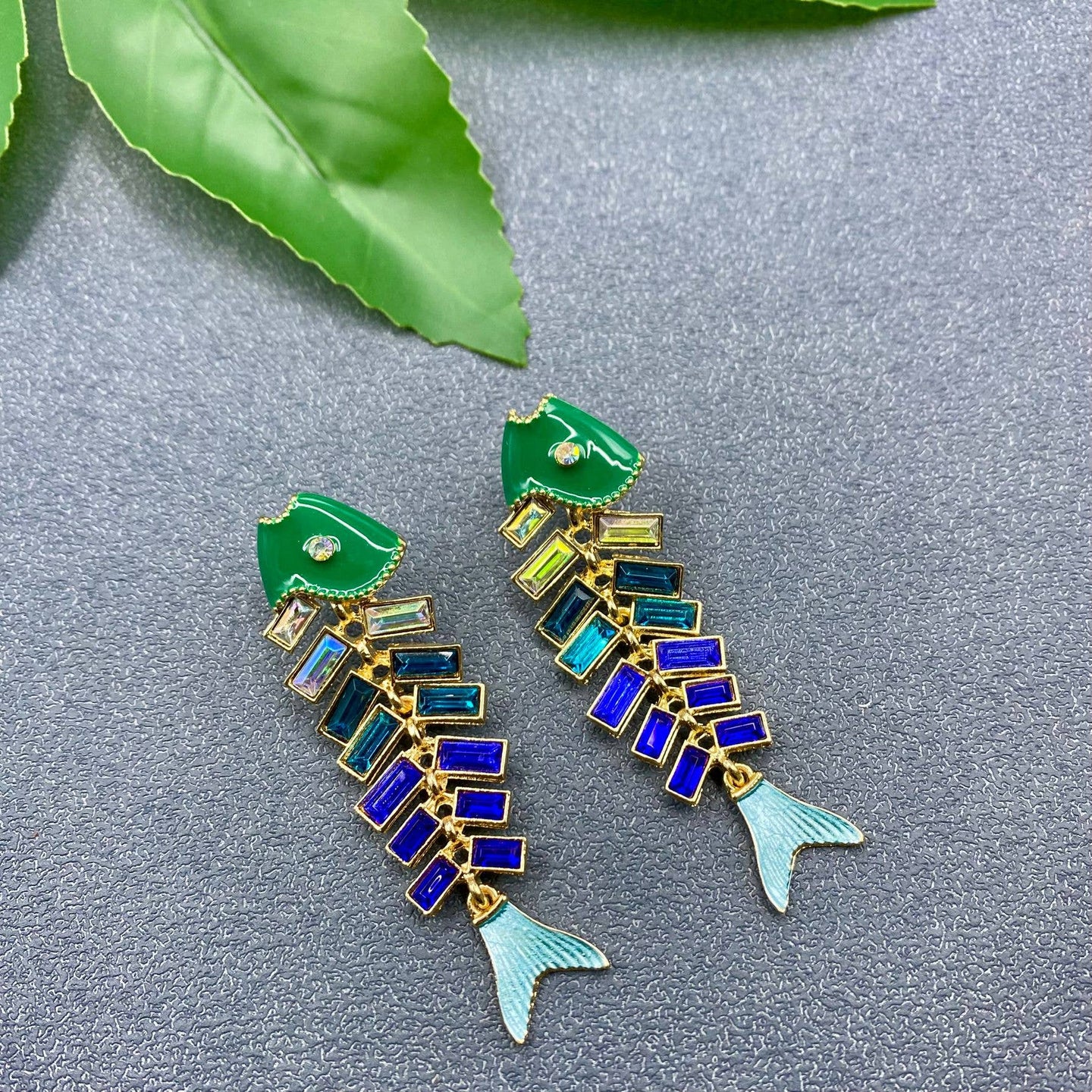 Green and Blue Fishbone Earrings