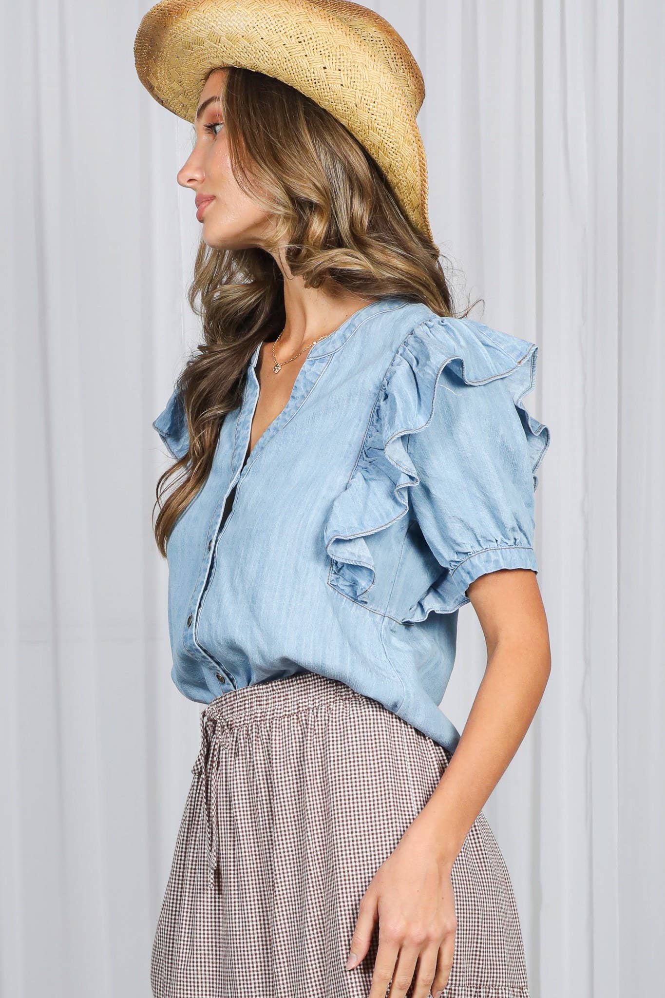 Ruffle Sleeve Denim Top (REG)