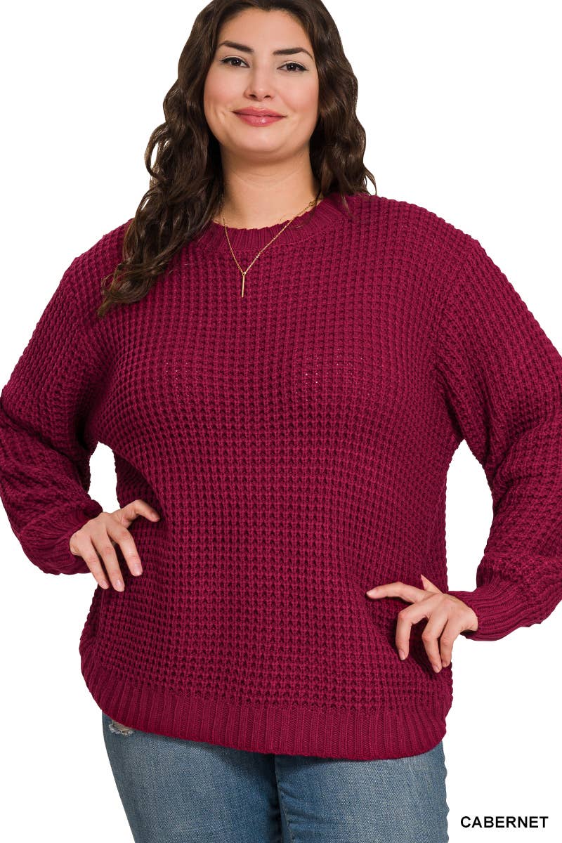 Basic Waffle Sweater in Cabernet (PLUS)
