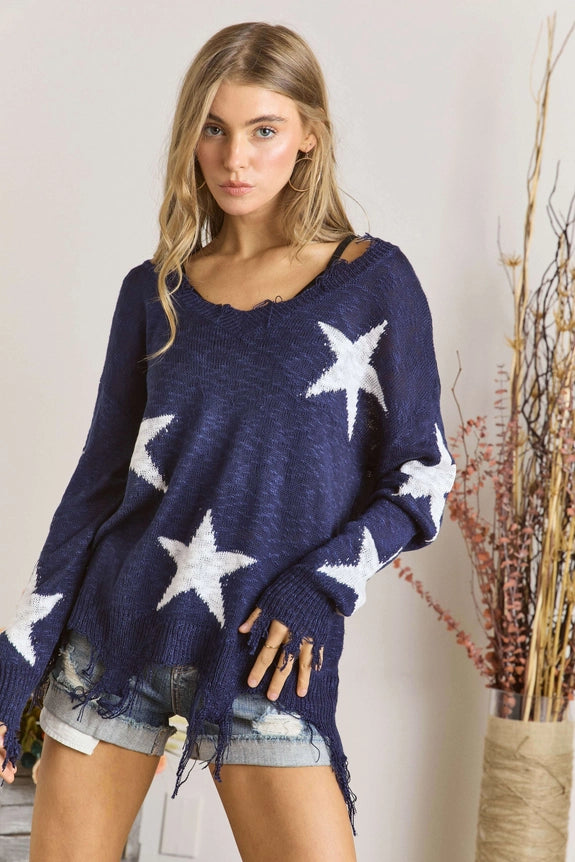 Distressed Star Sweater in Navy (REG)