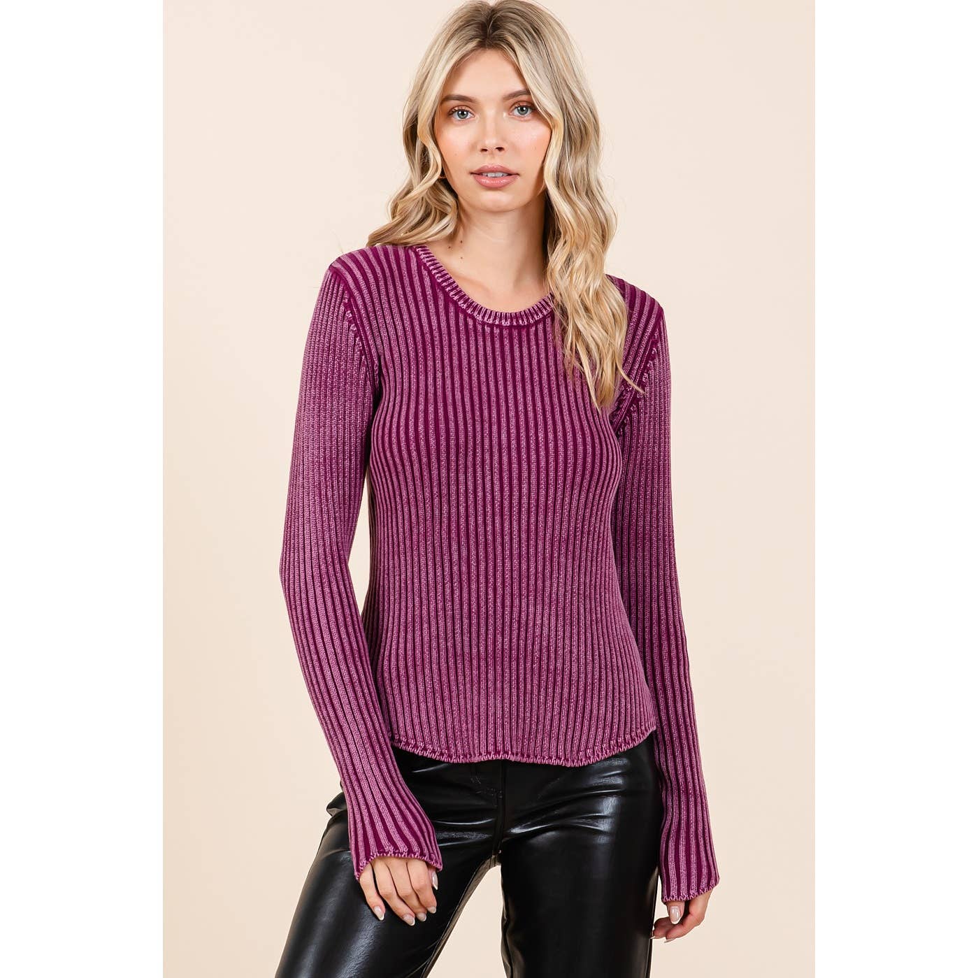Mineral Wash Ribbed Sweater in Plum (REG)
