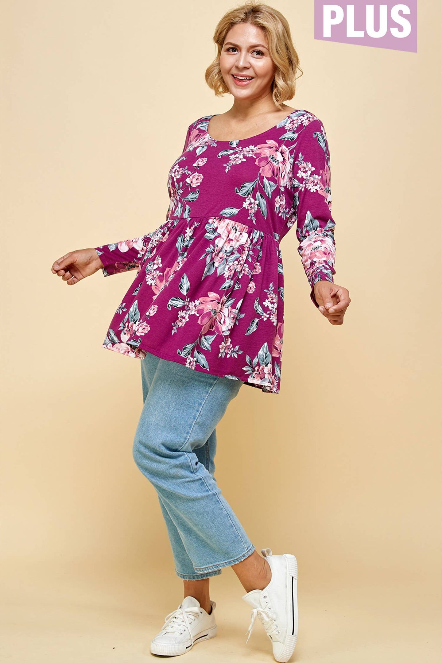 Sarah Floral Tunic Top in Plum (PLUS)
