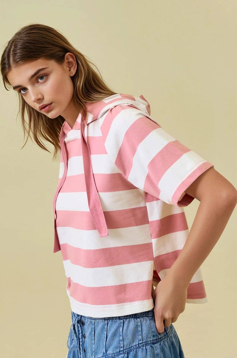 Wide Striped Hoodie Top in Pink (REG)