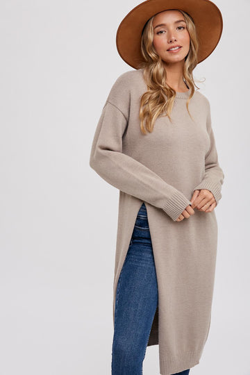 The High Slit Longline Pullover in Mushroom