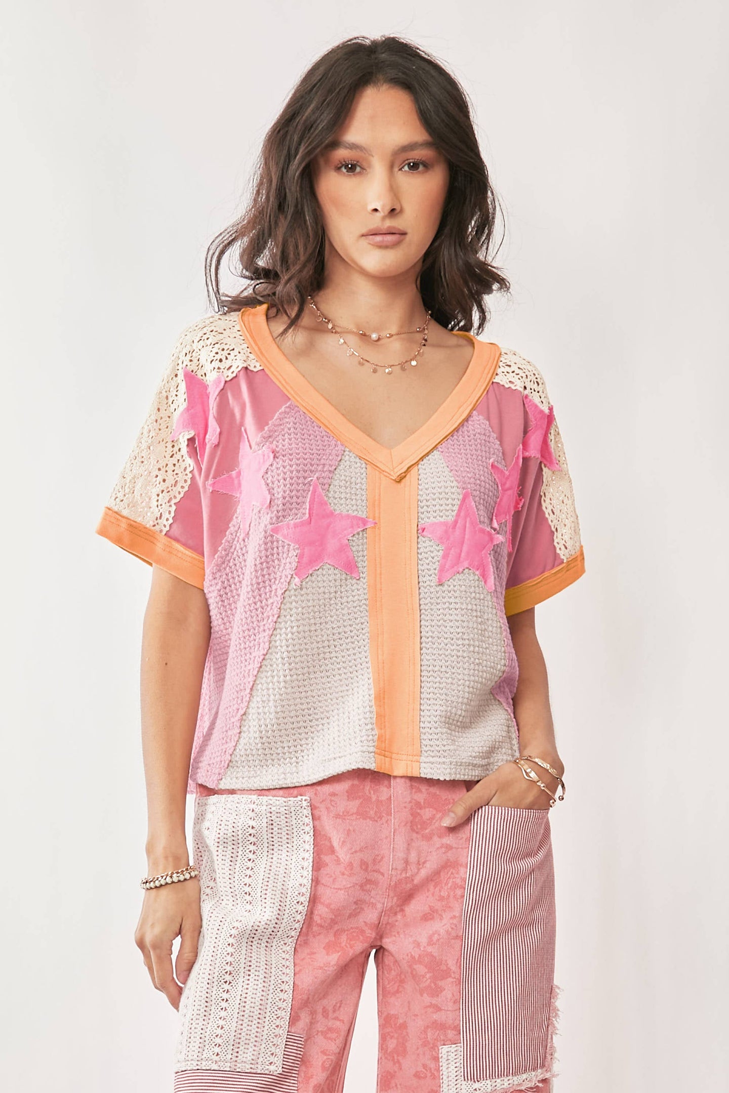 Patchwork Star V-Neck Top in Pink (REG)