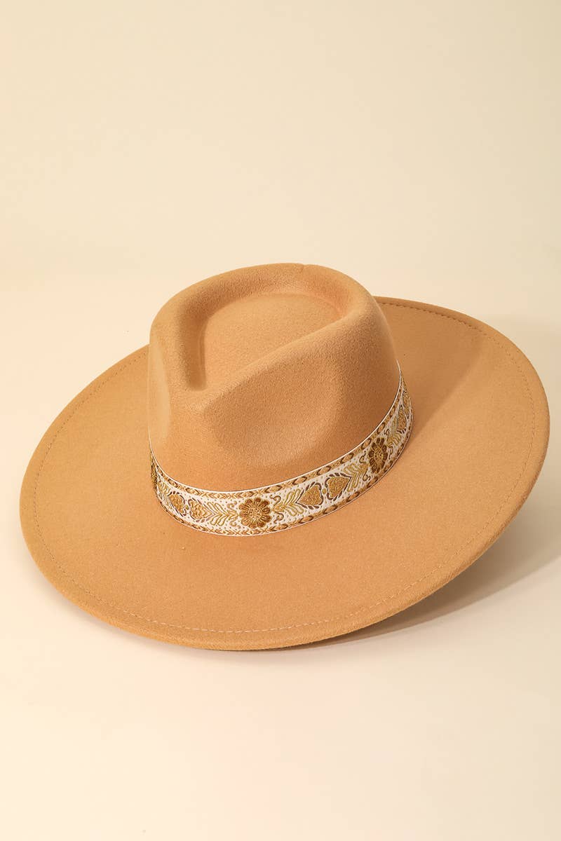 Gold Brocade Wide Brim Fedora Hat