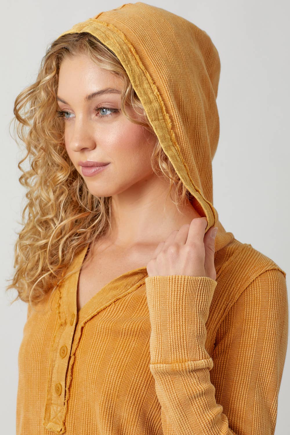 Washed Thermal Hoodie Top in Marigold (REG)