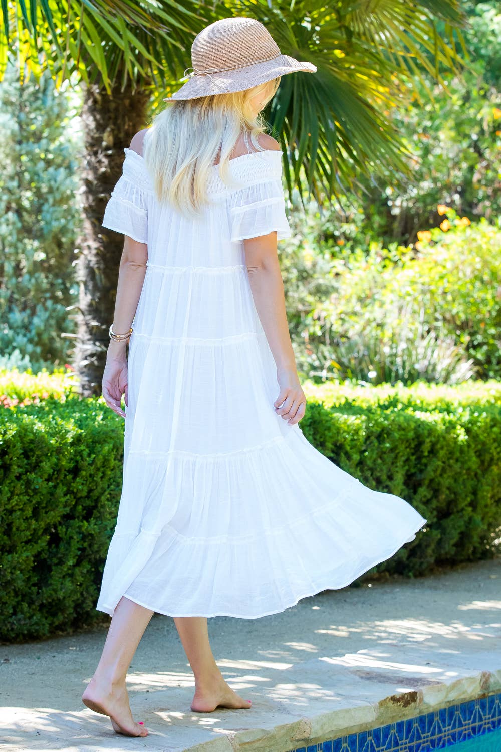 Off Shoulder Tiered Midi Dress in Ivory (REG)