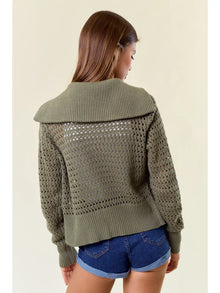 Pointelle Zip Up Jacket in Olive (REG)