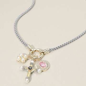 14K Plated CZ Pearl Cross Charm Necklace