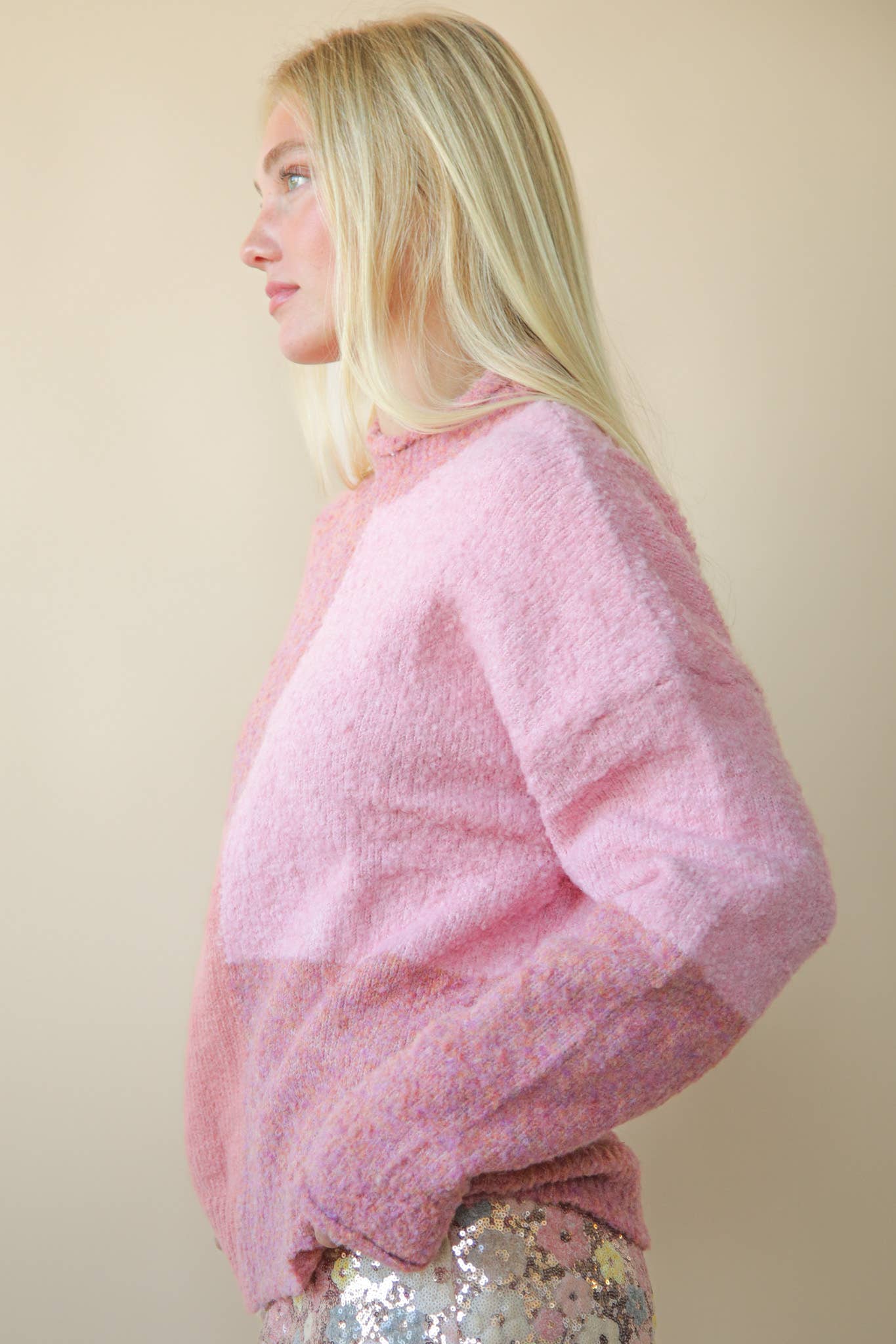 Cozy Color Block Sweater in Pink (REG)