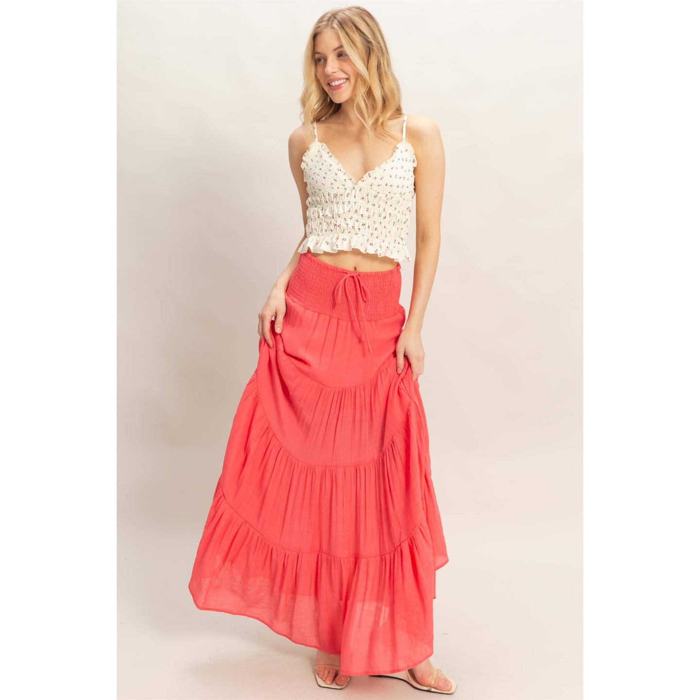 Tiered Drawstring Skirt in Coral Red (REG)