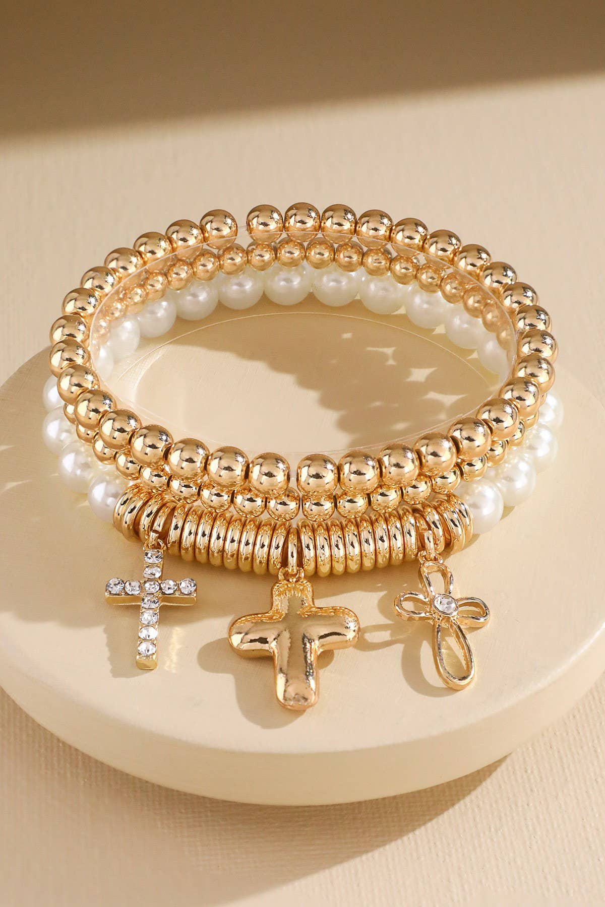 3-Layer Mixed Pearl & Cross Bracelet