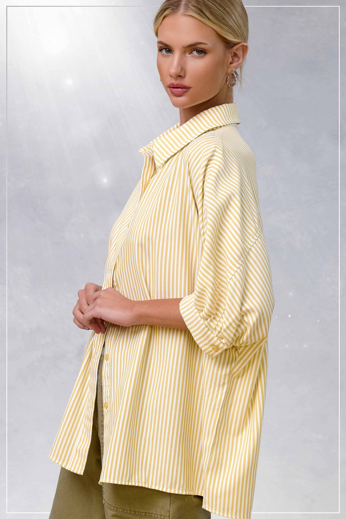 3/4 Sleeve Button Down Striped Shirt in Lemon (REG)
