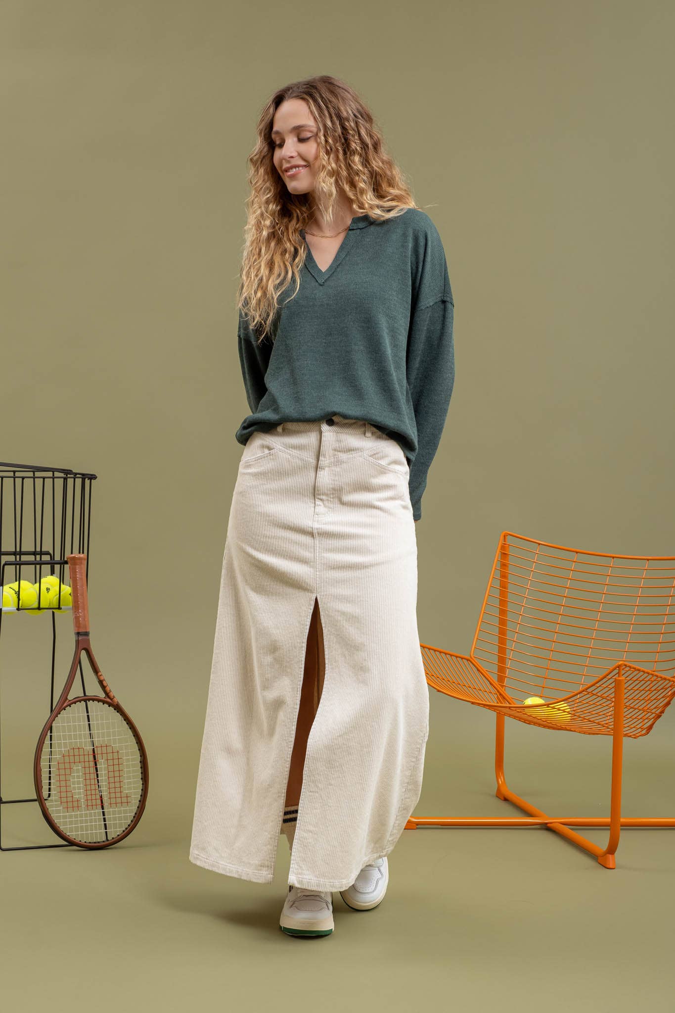 Notch Neck Long Sleeve Top in Forest Green (REG)