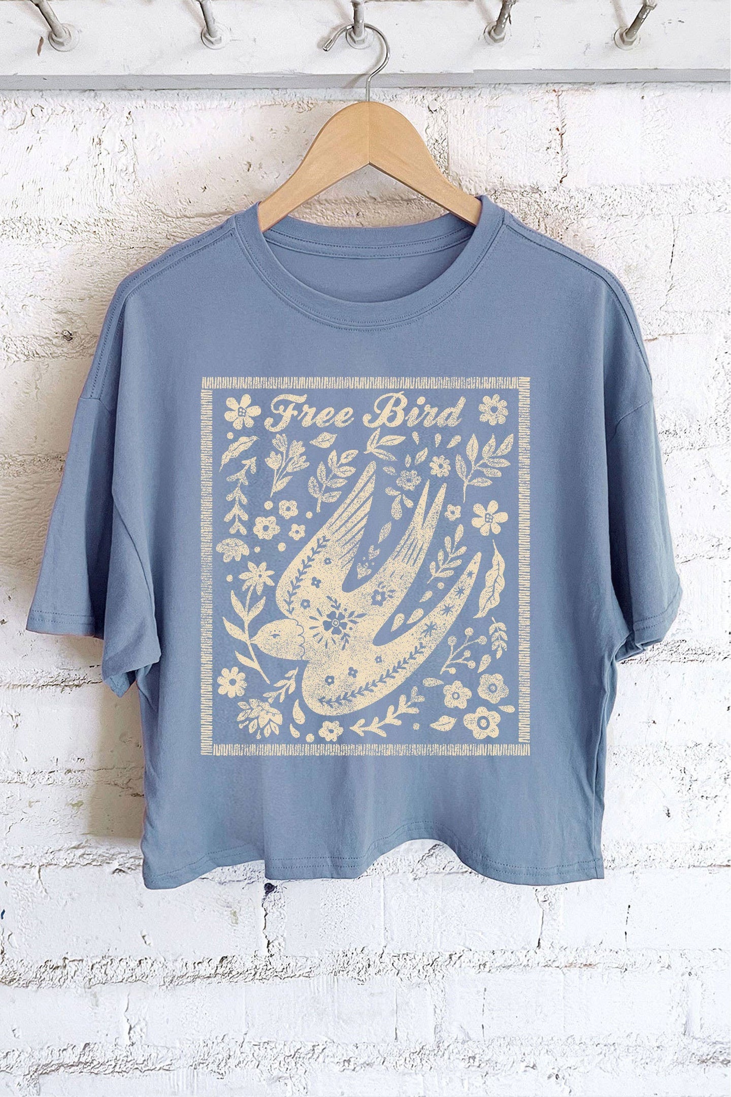 Indigo Boho Floral Free Bird Crop Tee (REG)