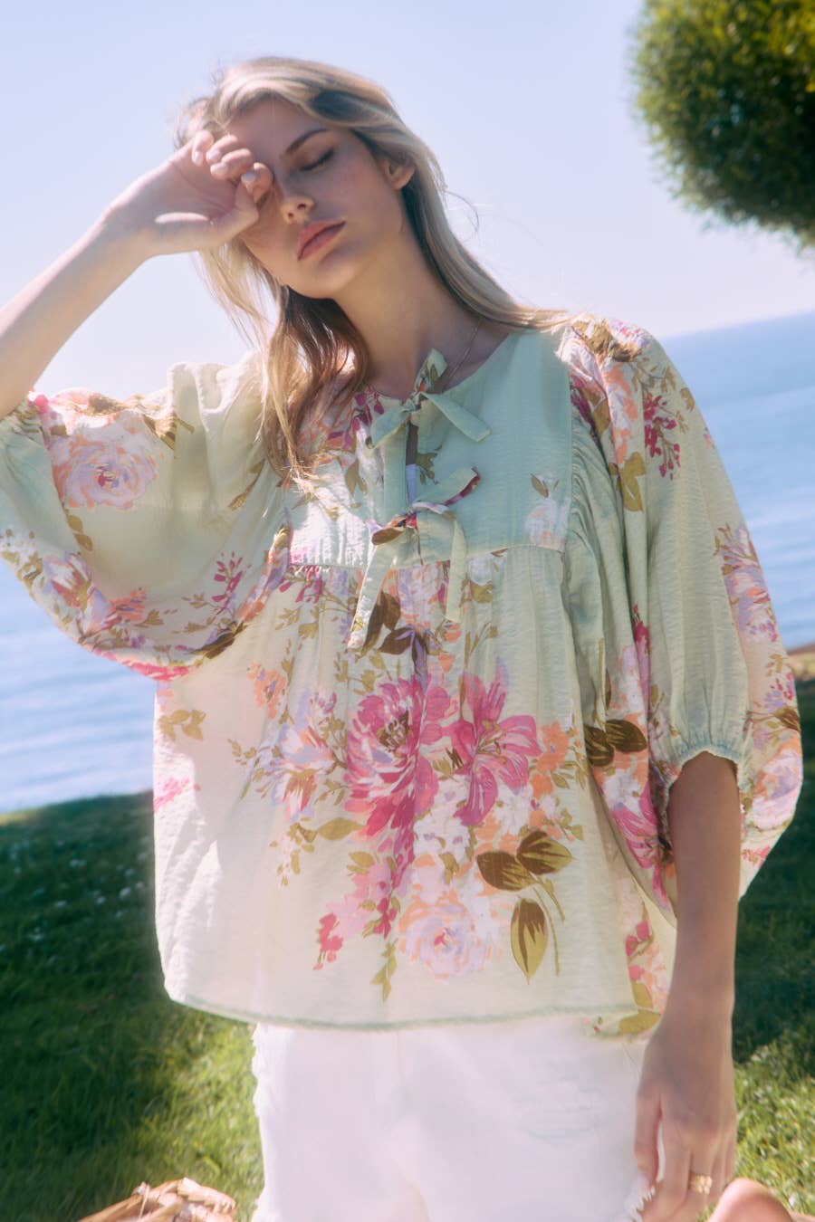 Tie Front Floral Top in Sage (REG)