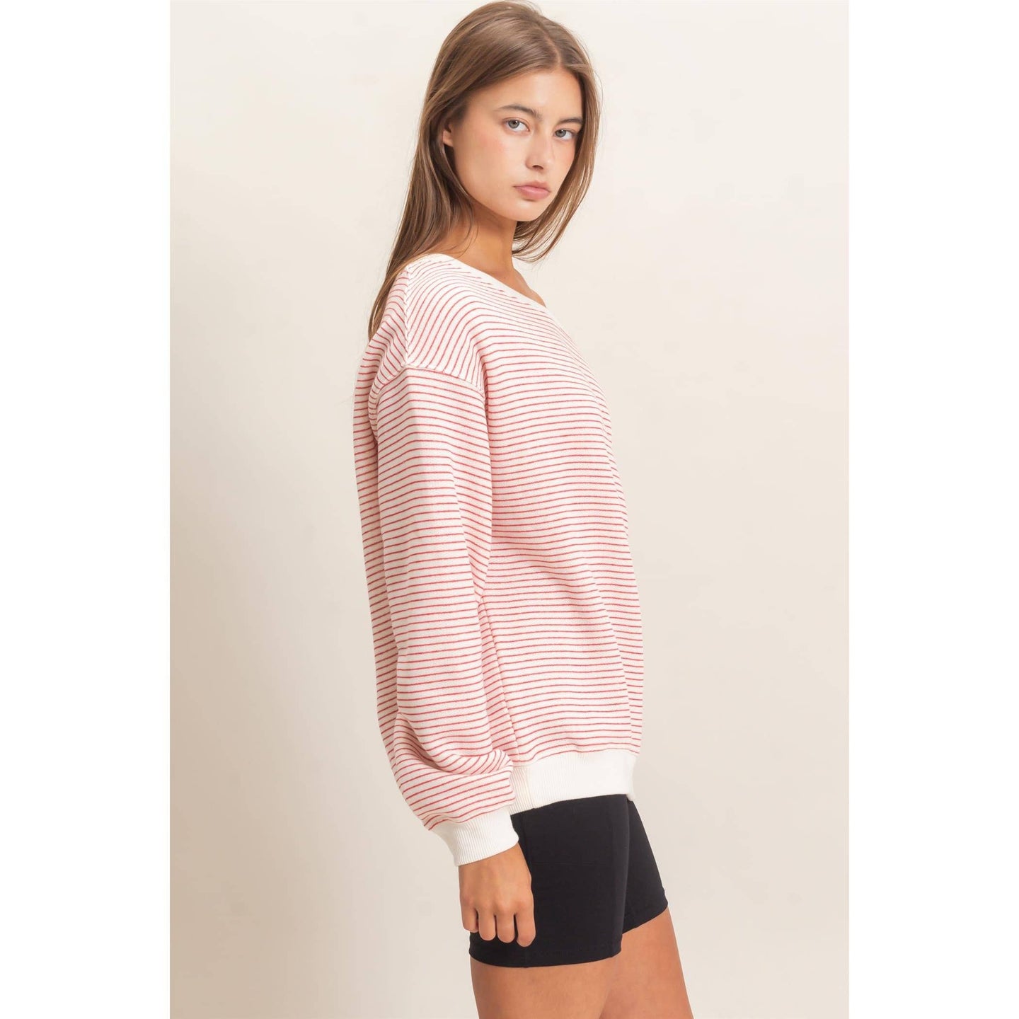 Red Striped Off The Shoulder Sweatshirt (REG)