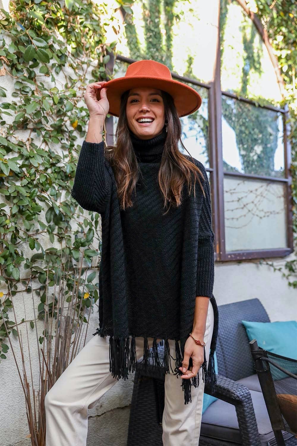 Cozy Roll Neck Poncho Sweater in Black