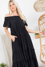 Off Shoulder Tiered Midi Dress in Black (REG)