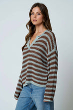 Split Neck Raw Edge Sweater in Blue (REG)