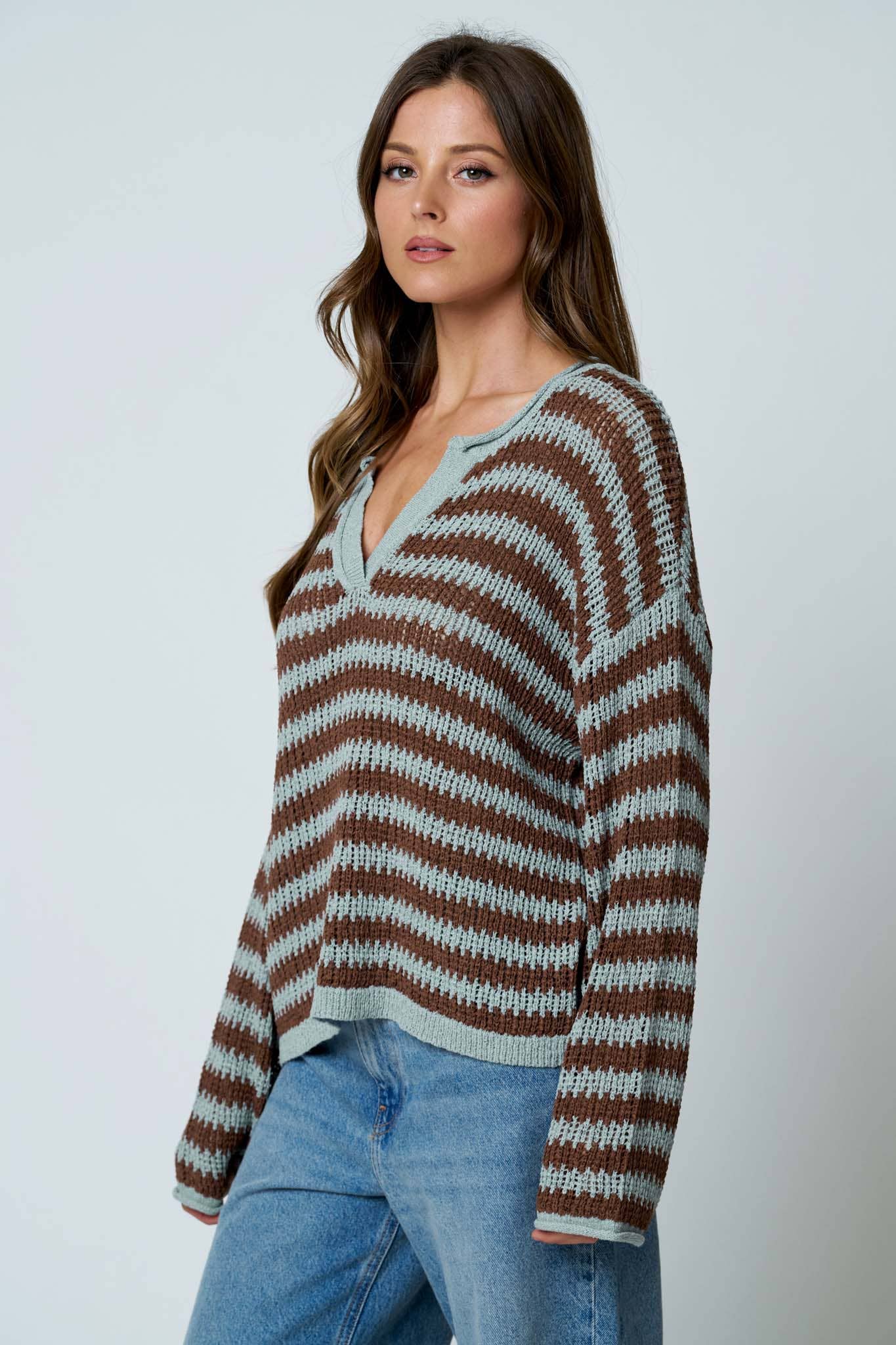 Split Neck Raw Edge Sweater in Blue (REG)
