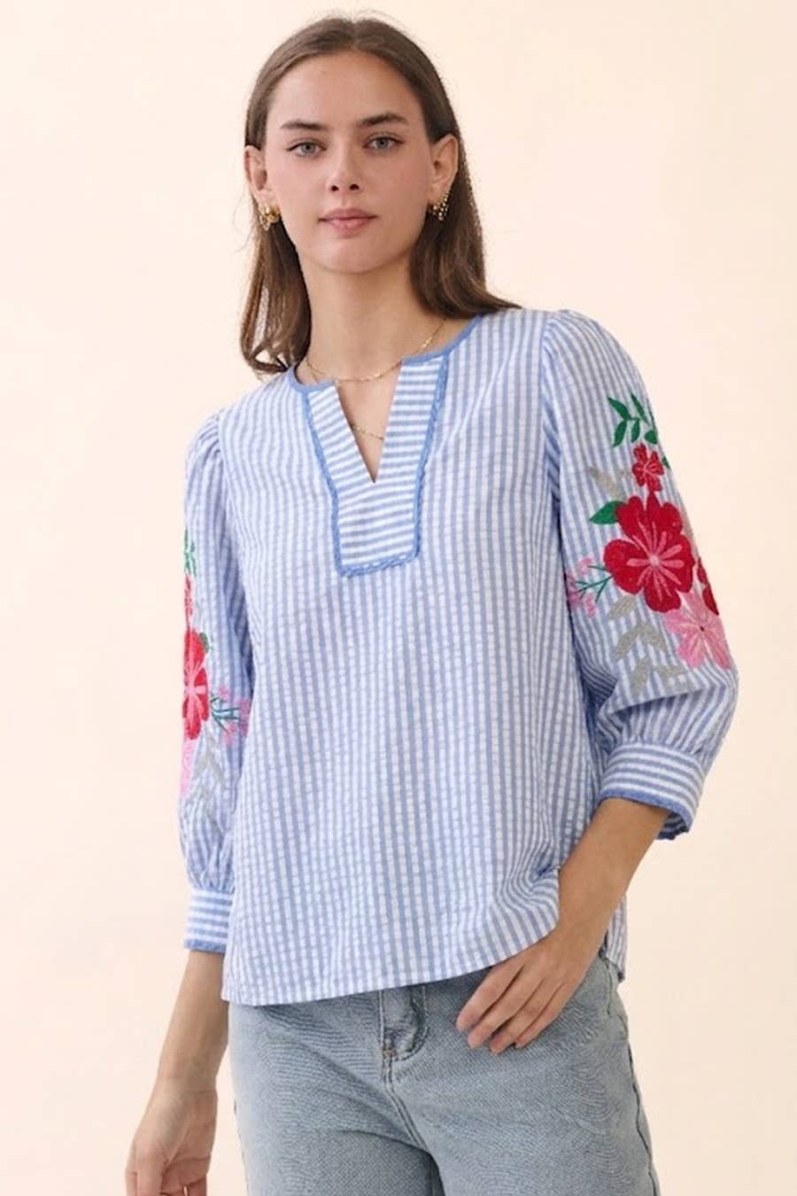 Floral Sleeve Striped Top in Blue (REG)