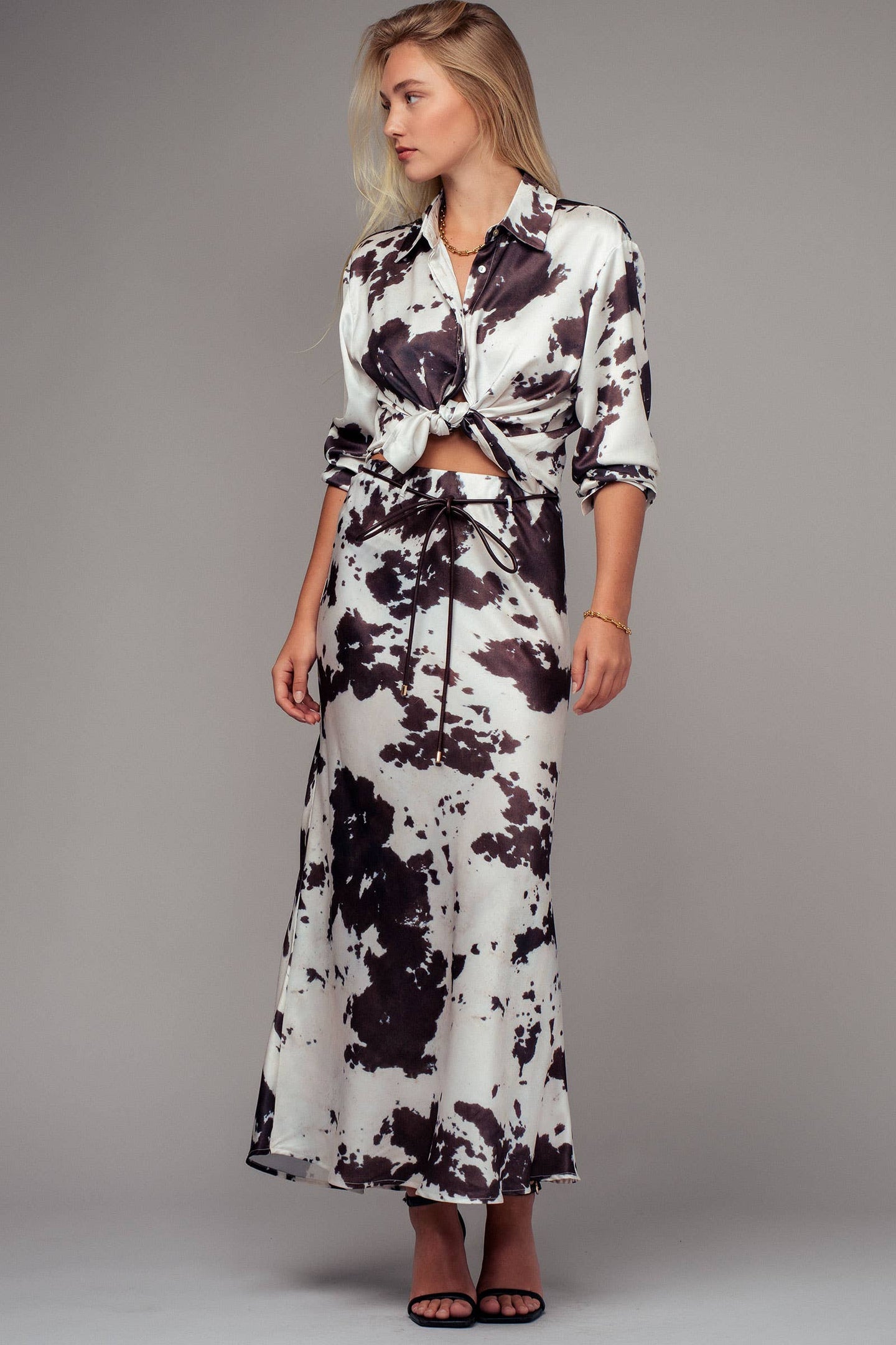 Cow Print Satin Midi Skirt (REG)
