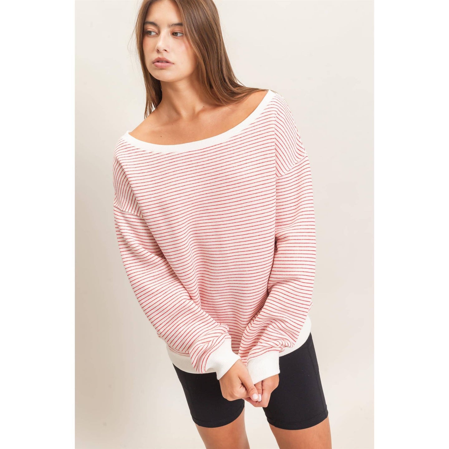 Red Striped Off The Shoulder Sweatshirt (REG)