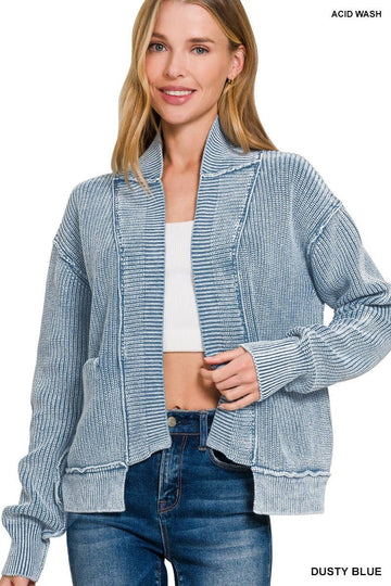 Washed Sweater Cardigan in Dusty Blue (REG)
