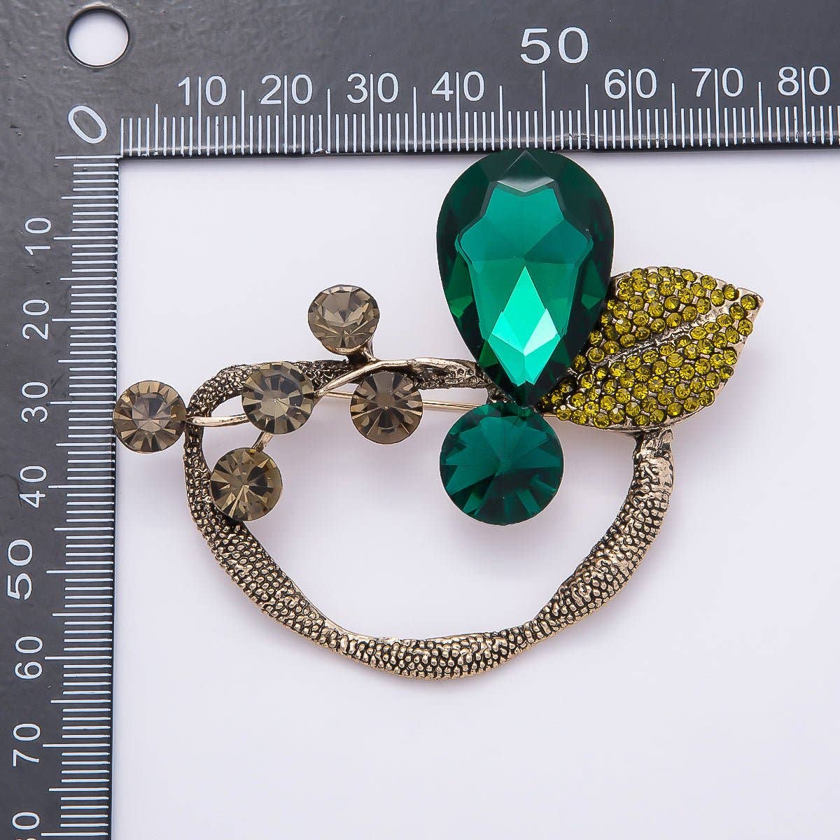 Green Rhinestone Leaf Brooch