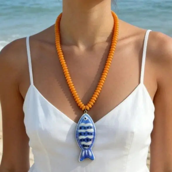 Blue Fish Thin Beaded Necklace
