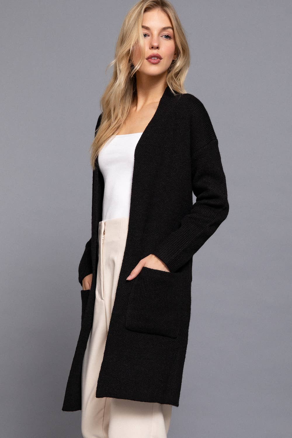 Long Length Open Cardigan in Black (REG)