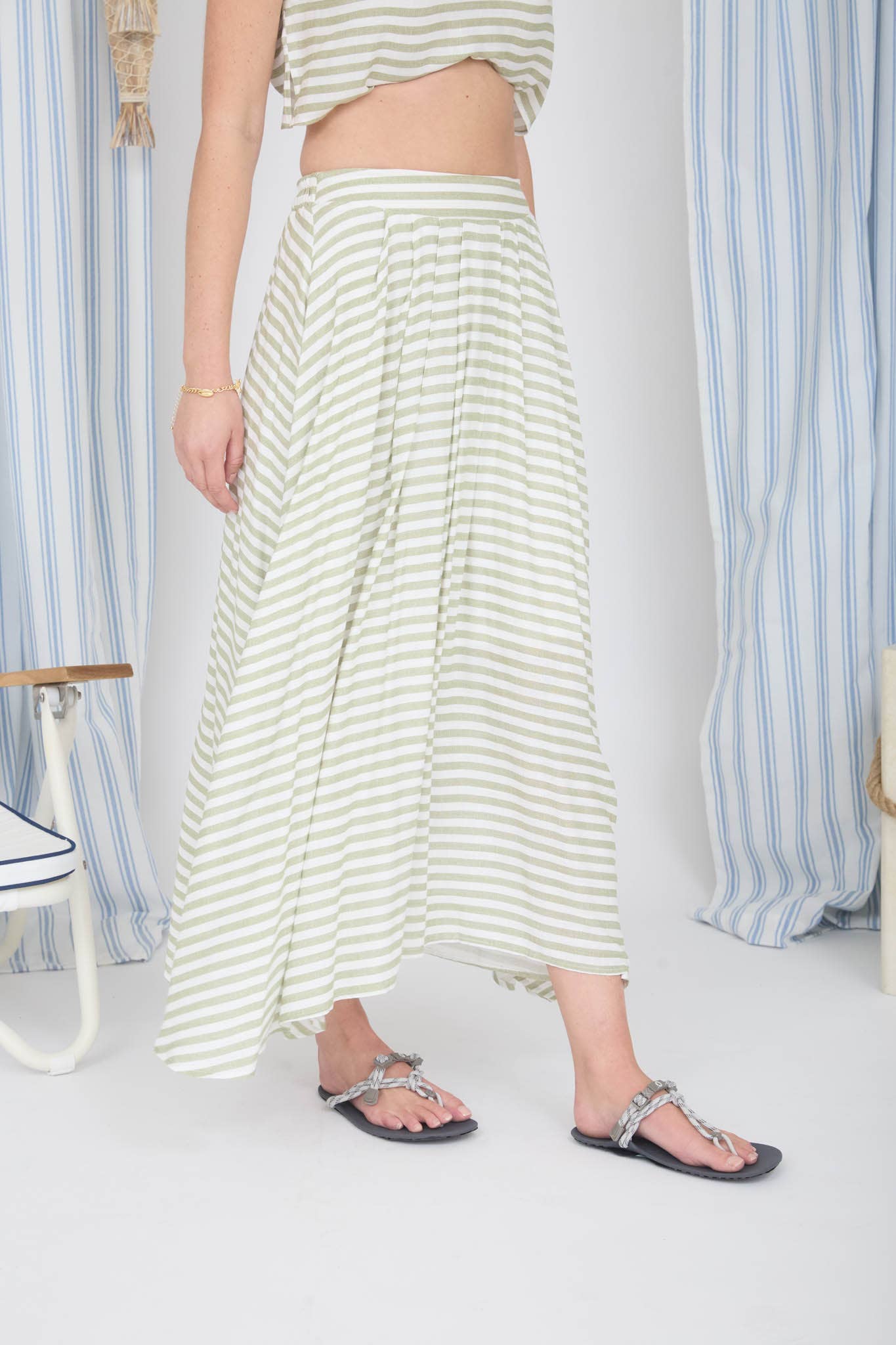 High Waisted Striped Midi Skirt in Lt Olive (REG)