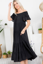 Off Shoulder Tiered Midi Dress in Black (REG)