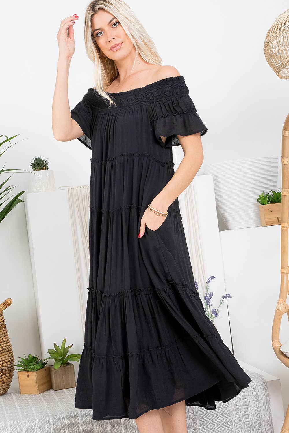 Off Shoulder Tiered Midi Dress in Black (REG)