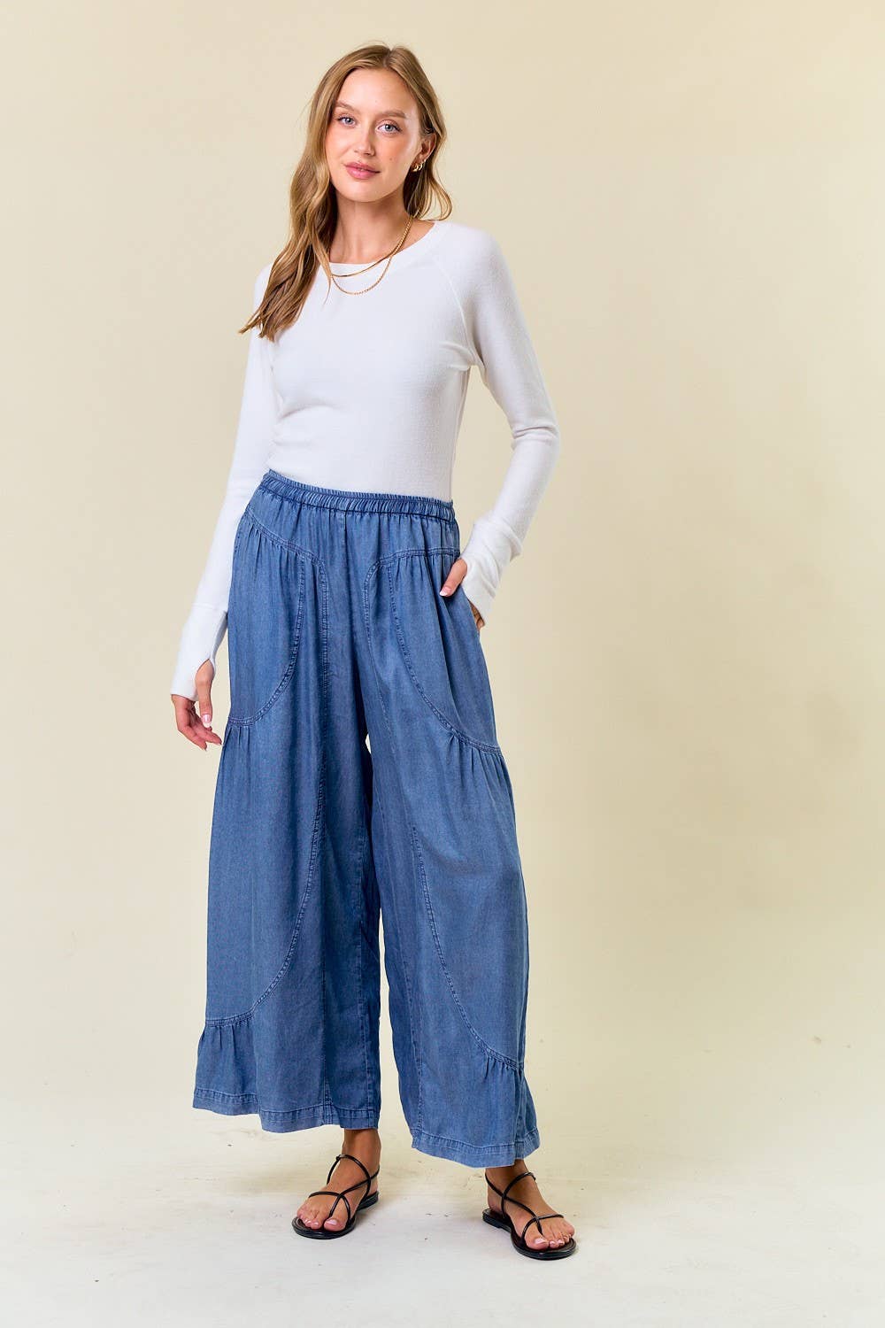 Wide Leg Elastic Tencel Pants in Dk Denim (REG)
