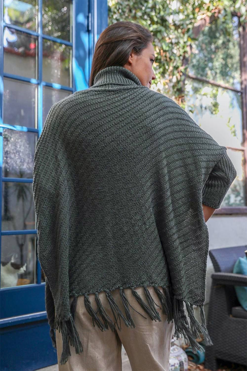 Cozy Roll Neck Poncho Sweater in Olive
