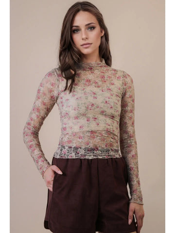 High Neck Floral Mesh Top in Beige (REG)