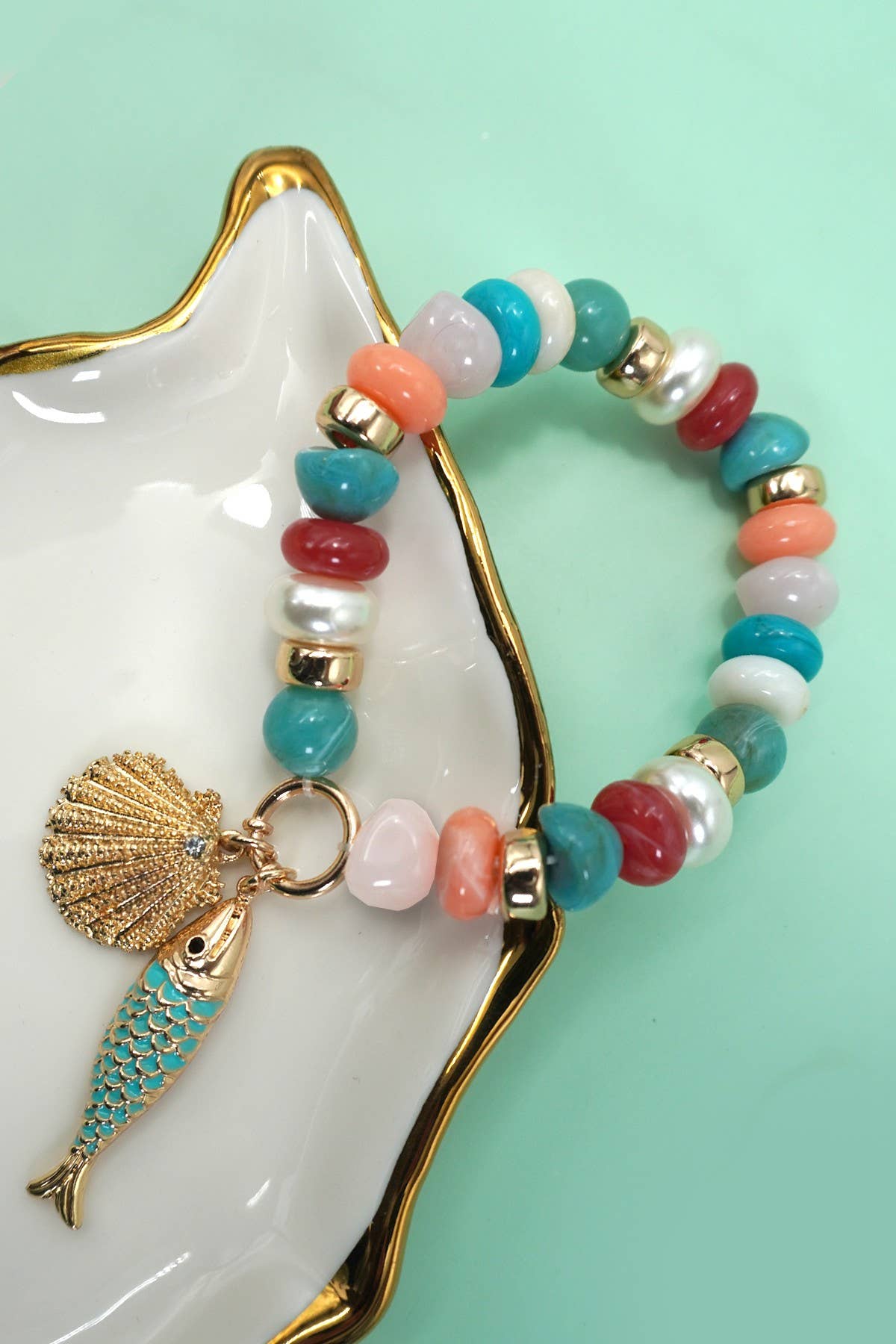 Mixed Stone Shell and Fish Bracelet