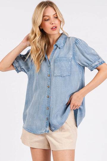 Chambray Puff Sleeve Denim Top (REG)