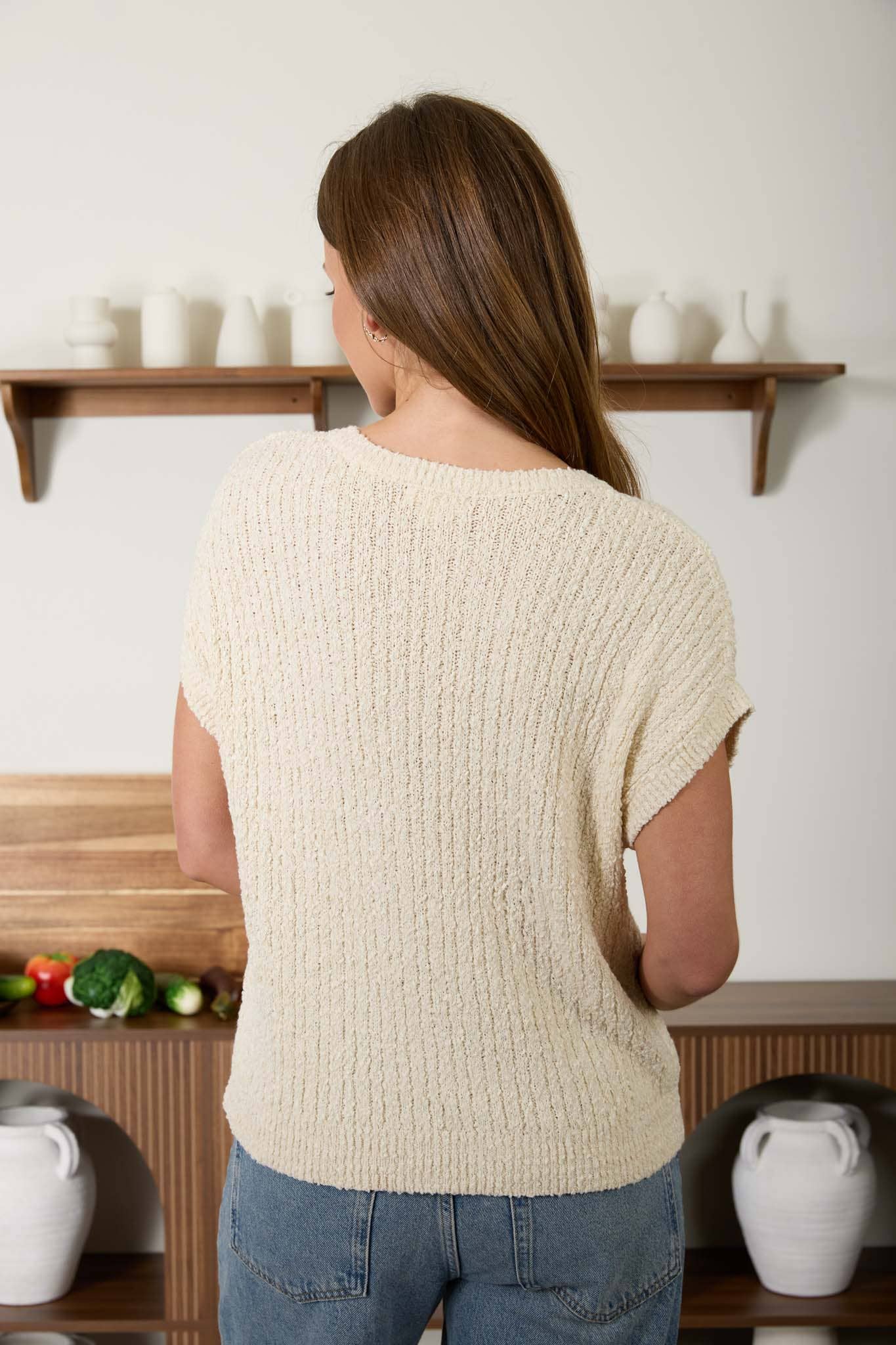 Cozy Button Short Sleeve Sweater in Cream (REG)