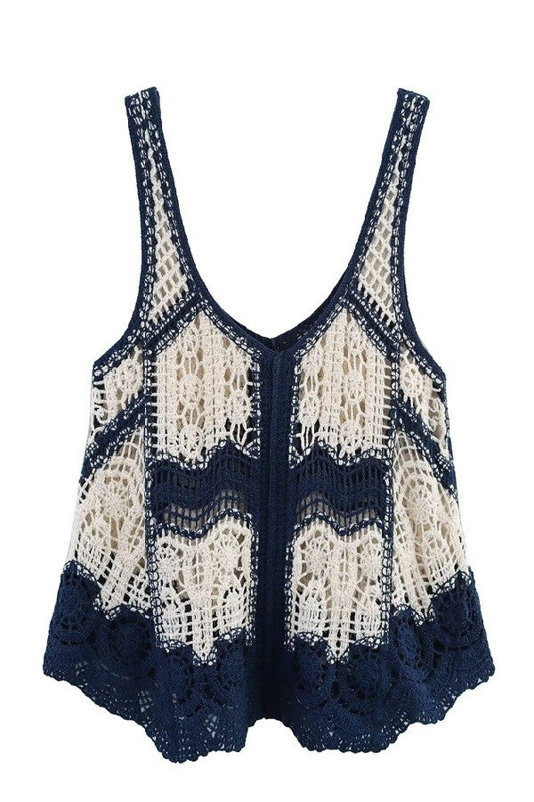 Sleeveless Crochet Top in Navy (REG)