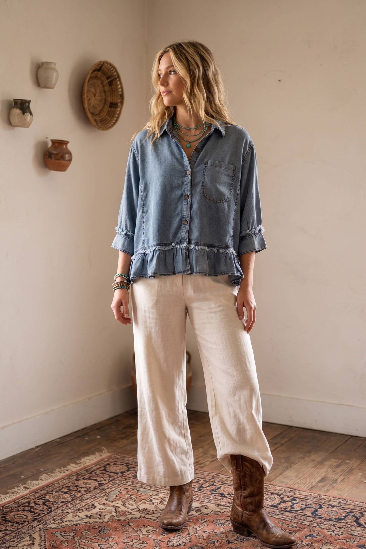 Mineral Wash Ruffle Hem Denim Top (REG)
